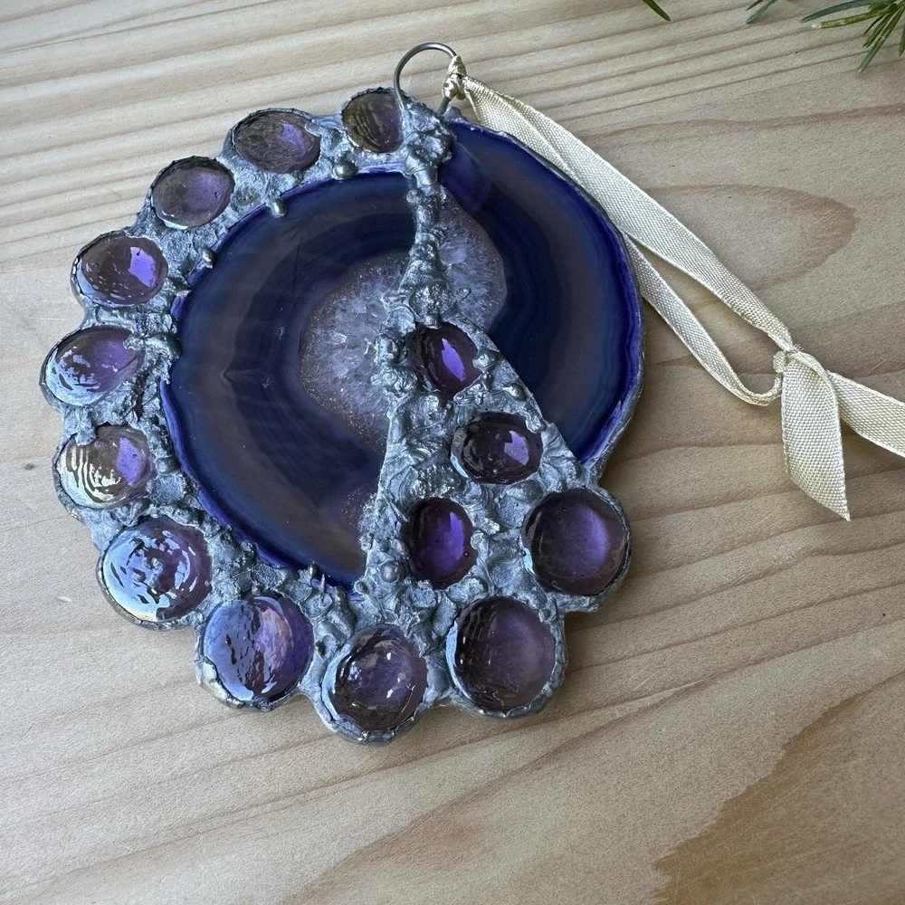 VTG Purple‎ Agate Slice Ornament 5x4 Inch Druzy Crystals Iridescent Glass Rare